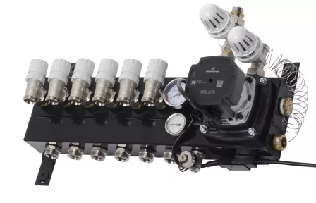 VTE Slim 6 Groepen Vloerverwarming Verdeler Voor Stadsverwarming Met Grundfoss UPM3 A-label Pomp 3 VTE Slim 6 Groepen Vloerverwarming Verdeler Voor Stadsverwarming Met Grundfoss UPM3 A-label Pomp